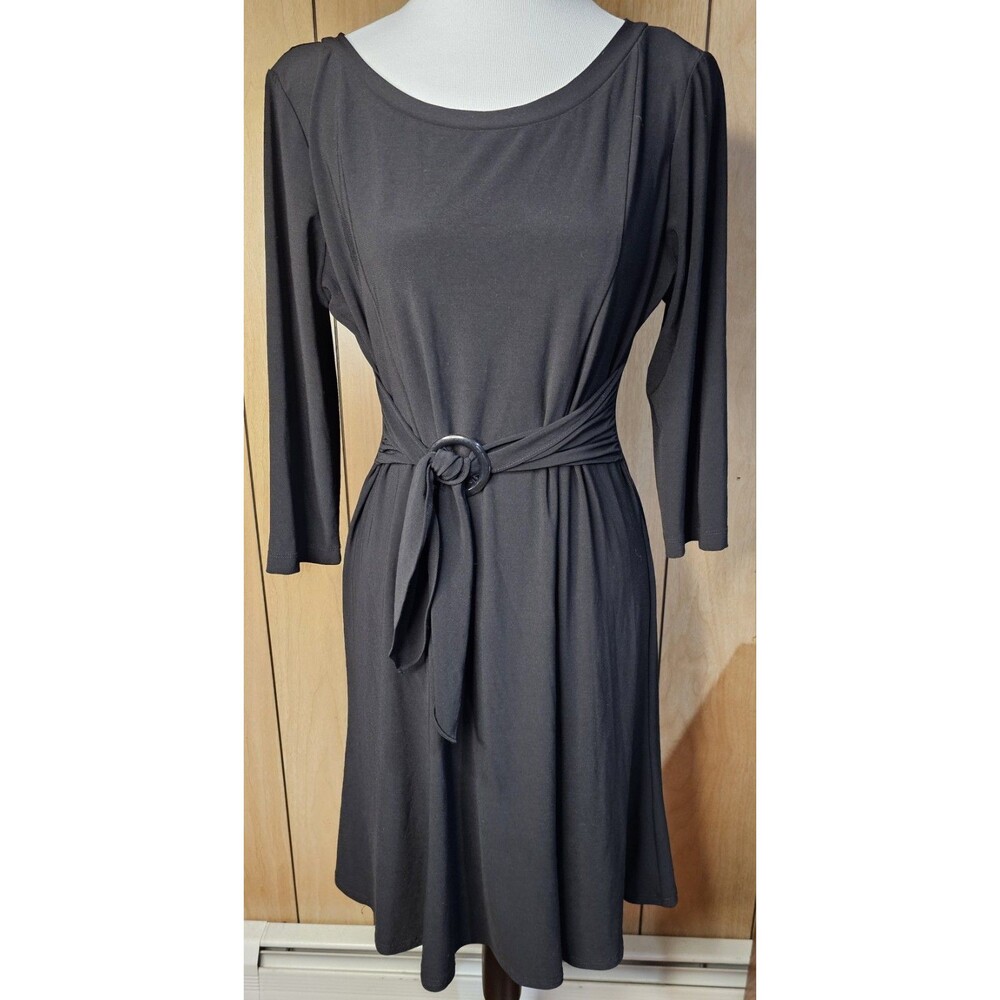 Perceptions Petite Womens 12P Black Fit Flare Dress Tie Waist 3/4 Sleeve Career
